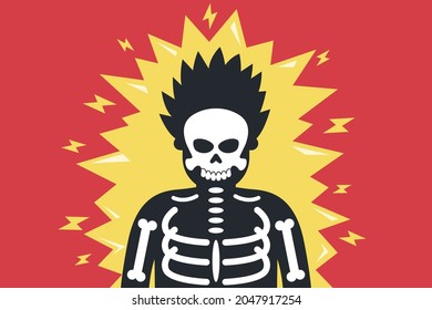 the man was severely shocked. risk at work. the skeleton is visible. flat character vector illustration