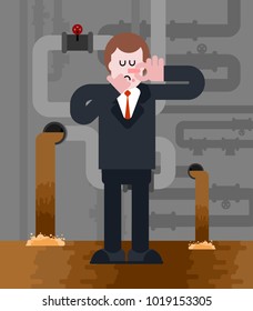 Man in sewer. Stink. Bad smell. Businessman Close nose. Guy and Household Wastewater. Vector illustration