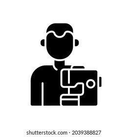 Man with sewing machine glyph icon. Vector fill black illustration.