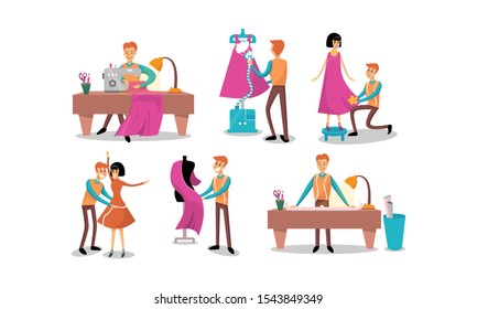 Man in a sewing studio. Vector illustration on a white background.