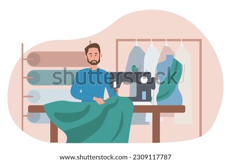 Man sews concept. Young guy with sewing machine and cloth. Atelier in workshop or studio. Seamstress, taylor or atelier. Fashion clothes designer. Cartoon flat vector illustration