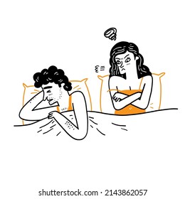 Man with sex problems, dissatisfaction, family troubles, woman lying in bed angry with her husband. Hand drawn vector illustration doodle style.