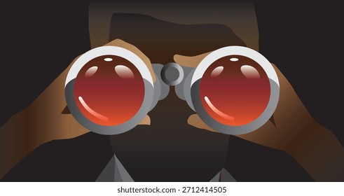 Hombre en la sombra observando a través de binoculares con lentes reflectantes rojos, que representan conceptos de vigilancia, espionaje, ciberseguridad y protección de datos en una era digital