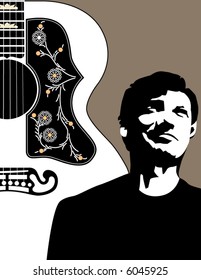 A man shadowed by his guitar is the theme to this music background
