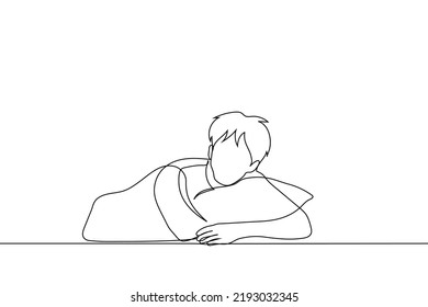 man shaggy raised his head from the pillow which he hugs with both hands - one line drawing vector. concept to wake someone up early in the morning
