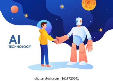 Man shakes hands with a robot. Artificial intelligence and future technology. AI. Vector cartoon illustration.	
