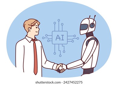 Man shakes hands with robot as sign of friendship between humans and artificial intelligence AI. Concept developing technologies equipped with artificial intelligence and neuron networks