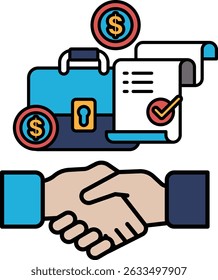 A man shakes hands with a woman, and the image is titled "Business Deal". Concept of a professional transaction or agreement between two parties