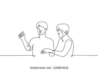 man shakes his fist calms him down or takes him away with another - one line drawing. concept indignant or angry customer yells his friend or security pulls his hand