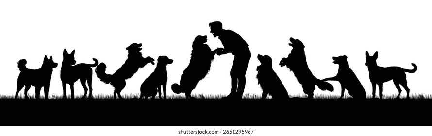 Man shaking hand dog paw playing with group of dogs black silhouettes isolated on white background.	