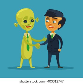 Man shaking hands with alien. Vector cartoon flat illustration