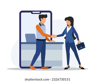 Hombre dándole la mano a un trabajador bancario y hablando con gerentes de bancos en línea. Gestión financiera moderna. Concepto de servicios bancarios digitales y comunicación. Ilustración plana del vector