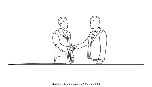 Man shaking hands with colleague in continuous line drawing style. Minimalist black linear sketch of businessman isolated on white background. Vector illustration