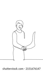 man shaking hands with someone - one line drawing vector. concept of saying hello to an unpleasant person, uncommunicative person, an angry person who is being forced