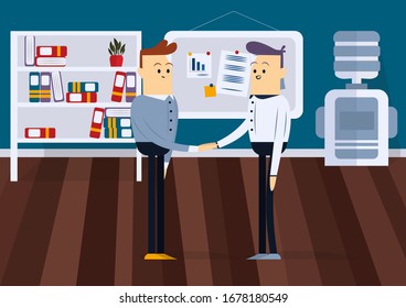 Mann zittert die Hände. Sie stehen vor einem Brett im Amt. Vektorillustration mit Farbkarikaturen