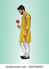 man in Shalwar Kameez holding rose flower