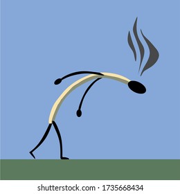 A man in the shape of a burnt match walking on the ground , the concept of emotional burnout,on a blue background.Vector illustration.