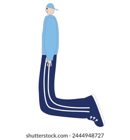 man in the shape of the letter L, alphabet, font, man in blue clothes