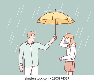 man shares an umbrella with another woman standing in the rain. Hand drawn style vector design illustrations.