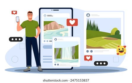 Hombre compartiendo contenido. Joven envía contenido a amigos en redes sociales. Promoción en las redes sociales. Comentarios de usuarios a publicaciones. Ilustración vectorial plana de dibujos animados aislada sobre fondo blanco
