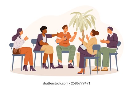 Man sharing his success in group therapy session flat vector illustration. People supporting and congratulating member of the group.