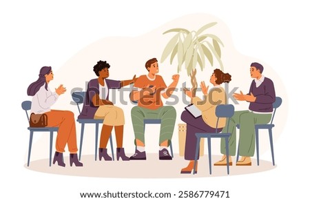Man sharing his success in group therapy session flat vector illustration. People supporting and congratulating member of the group.