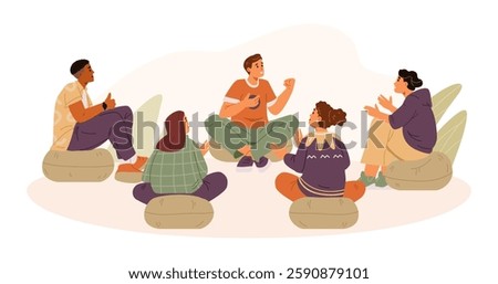 Man sharing his success in group therapy session flat vector illustration. People applauding, supporting and congratulating member of the group.