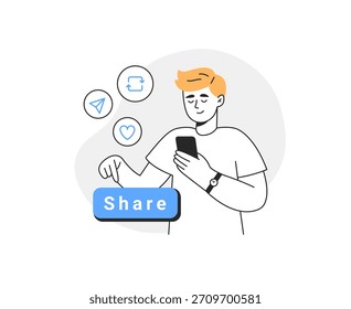 Un hombre compartiendo un post en las redes sociales. Concepto de comunicación en línea y redes sociales. Ilustración lineal de Vector sobre un fondo blanco.