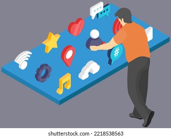 Man sharing in social media, Internet app signs set. Phone applications and network symbols, icons for mobile devices. Basic gadget functions outline symbol. User interacts with phone, software button