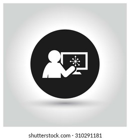 Man Sharing Their Idea with user Presentation Icon. Black Circle Pictogram. vector illustration