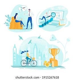 Man Sharing Tips for Effective CV with Colleague. Employee on Rising Arrow, Examining Graphs on Laptop with Lens. Woman on Bicycle Riding for Golden Cup. Isolated on White Three Pictures Set.