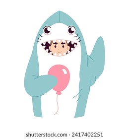 Man in a shark costume waving his hand. Flat vector illustration.