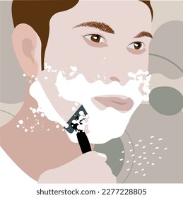 Man shaves, face in shaving foam