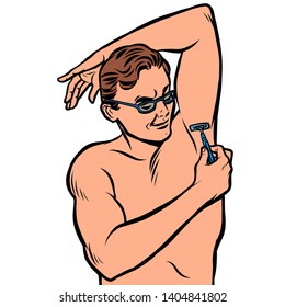 a man shaves his armpit with a razor. isolate on white background. Comic cartoon pop art retro illustration drawing