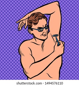 a man shaves his armpit with a razor. Comic cartoon pop art retro illustration drawing