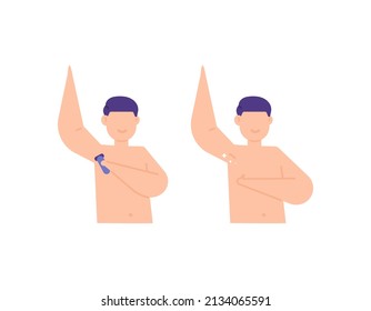 A man shaves his armpits using a hair clipper. reveal clean and shiny armpits. showing the condition of the armpits. before and after. flat cartoon illustration. character concept design