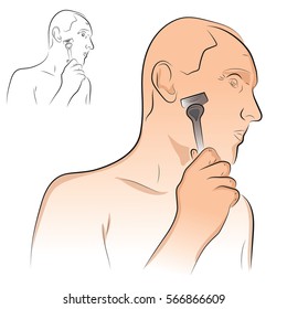 Man shaves with a razor. Man shaves shaving machine tool. Man razor.? Color vector drawing on the theme of body hygiene.