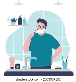 Man shaves stubble in bathroom. Male character shaving beard and mustache. Handsome guy doing hygiene and beauty procedure. Human uses razor and shaving foam. Skincare. Flat vector illustration