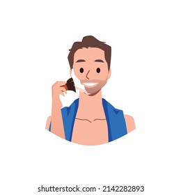 Man shaving and applying foam with brush on beard, flat vector illustration isolated on white background. Cheerful male character and skin care routine.