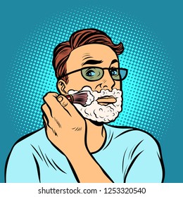 man shaving brush, hygiene, morning in the bathroom. Comic cartoon pop art retro vector illustration drawing