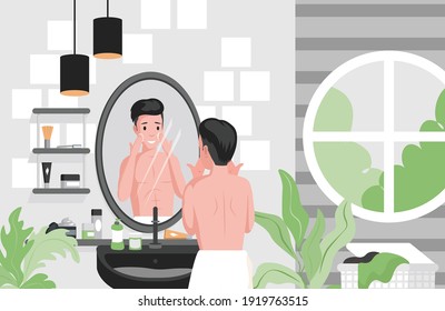 Man shaving, cleansing face in bathroom vector flat illustration. Male character using creams for face skincare. Everyday hygienic routine. Bathroom interior design with creams and shaving tools.