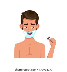 Man shaving face in flat style. Vector cartoon illustration isolated on white background