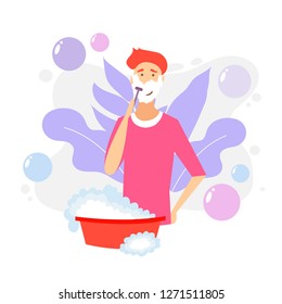 Man Shaving Face with Foam. Skin Care. Vector cartoon illustration. Shaving effect.