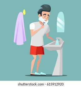 Man Shaving Face with Foam. Skin Care. Vector cartoon illustration