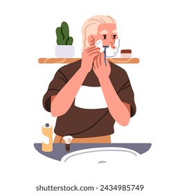 Man shaving face hair, beard with razor and foam. Male character during morning beauty routine in bathroom. Guy with shaver in front of mirror. Flat vector illustration isolated on white background