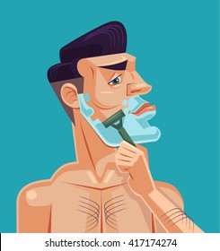 Man Shaving Face. Vector Flat Cartoon Illustration