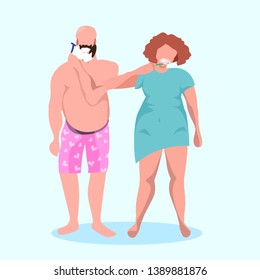 Man Shaving His Beard Woman Brushing Teeth Couple Preparing Together For New Coming Day In Morning Female Male Cartoon Characters Full Length Flat