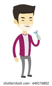Man shaving his face. Man with shaving cream on his face and razor in hand. Man prepping face for daily shaving. Concept of daily hygiene. Vector flat design illustration isolated on white background.
