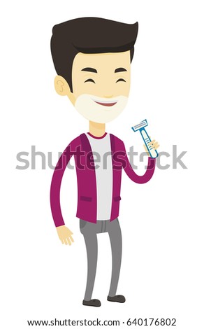 Man shaving his face. Man with shaving cream on his face and razor in hand. Man prepping face for daily shaving. Concept of daily hygiene. Vector flat design illustration isolated on white background.