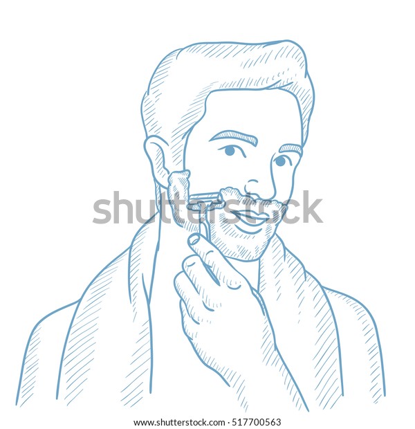 顔を剃っている男 髭剃りクリームとかみそりを手に持つ男性 日々の髭剃り用に顔をすくっている男 日々の衛生のコンセプト 白い背景に手描きのベクトルスケッチ イラスト のベクター画像素材 ロイヤリティフリー
